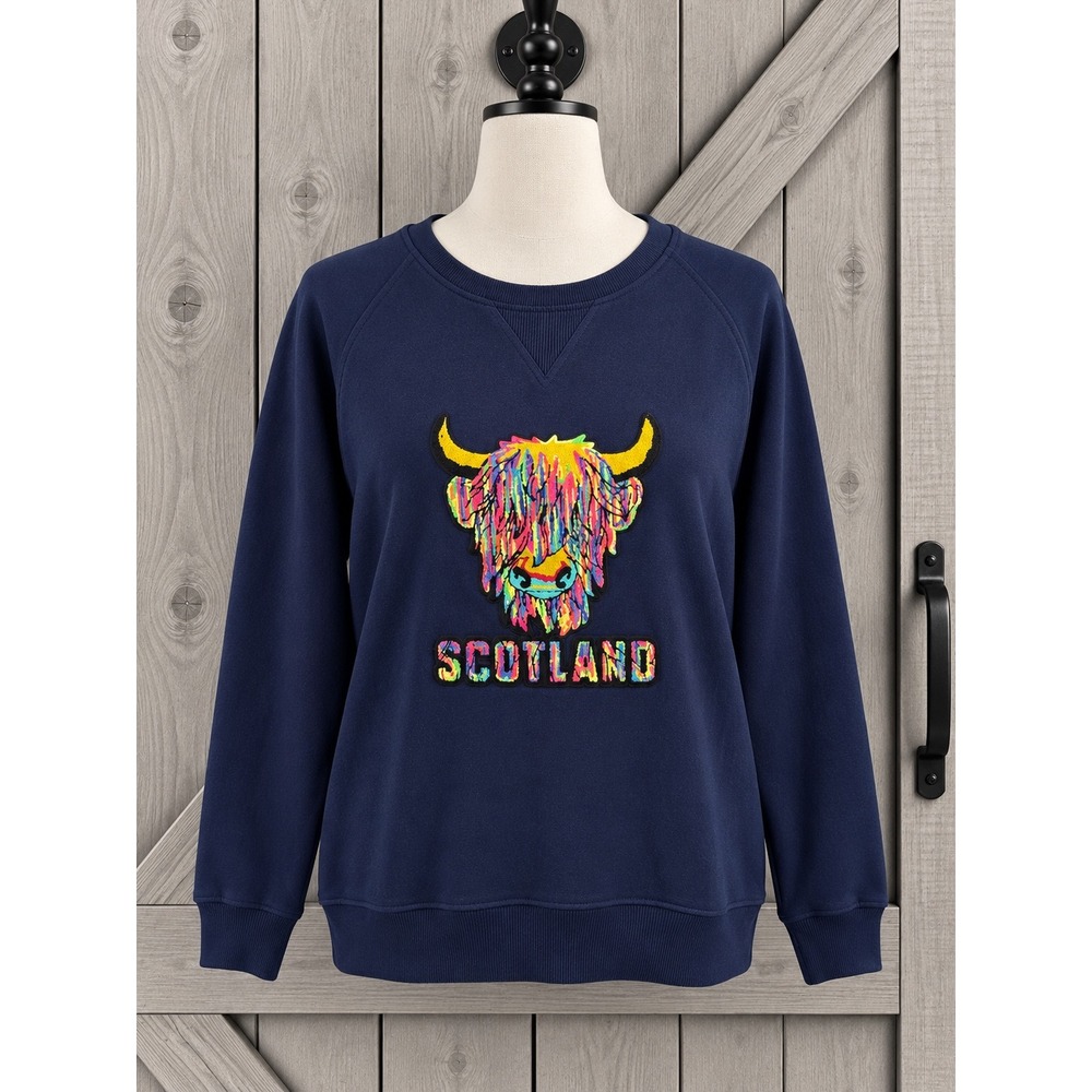 Asquith & Fox Boutique Sweatshirt L Navy Highland Cow Scotland Yarn Appliqué